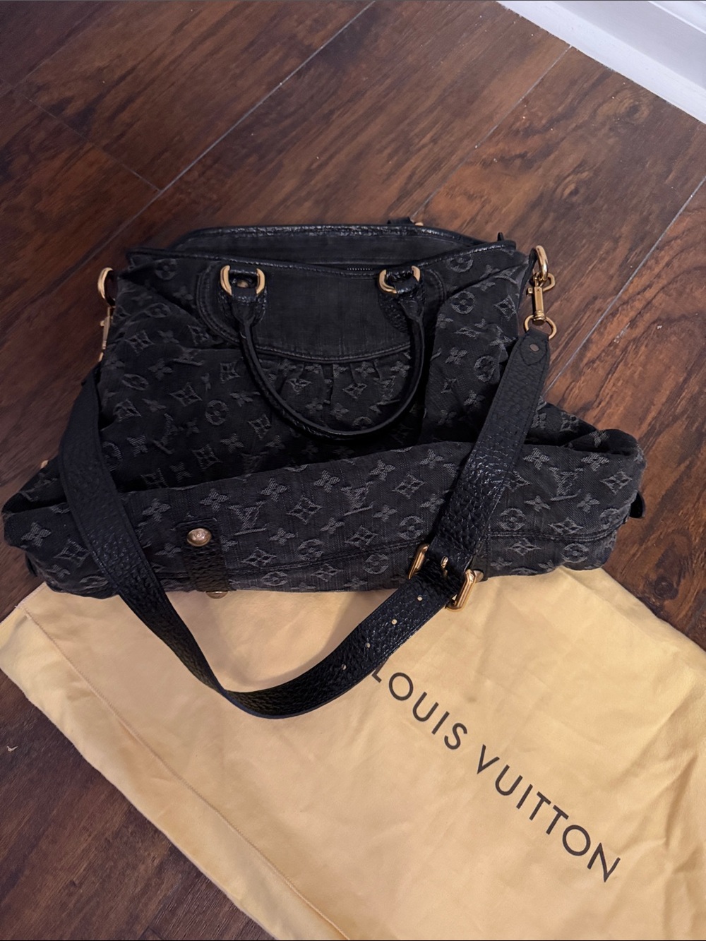 Louis Vuitton Black Monogram Denim Shoulder Bag with Gold Hardware EUC